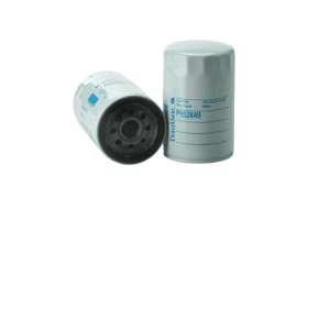 Filtro de aceite Donaldson P552849 dos cartuchos spin-on grises con base perforada negra y etiqueta azul