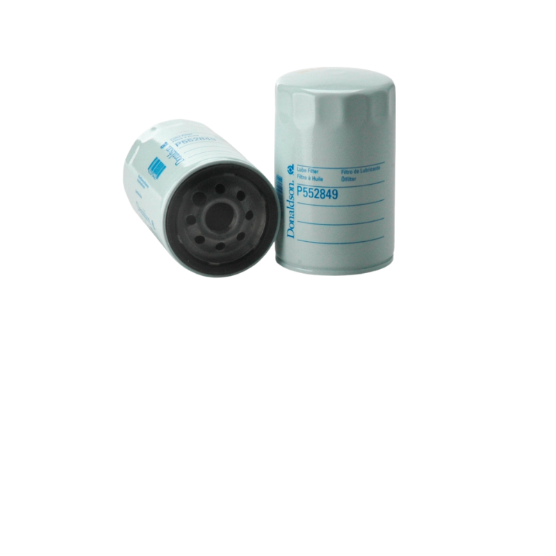 Filtro de aceite Donaldson P552849 dos cartuchos spin-on grises con base perforada negra y etiqueta azul