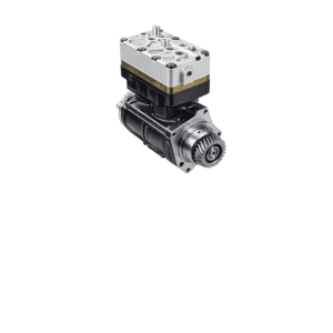 Compresor de aire Volvo 21635621 cuerpo negro con cabeza de aluminio plateada anillo dorado y engranaje de accionamiento cromado