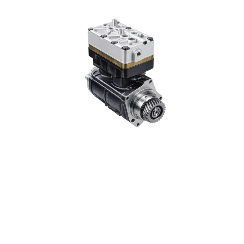 Compresor de aire Volvo 21635621 cuerpo negro con cabeza de aluminio plateada anillo dorado y engranaje de accionamiento cromado